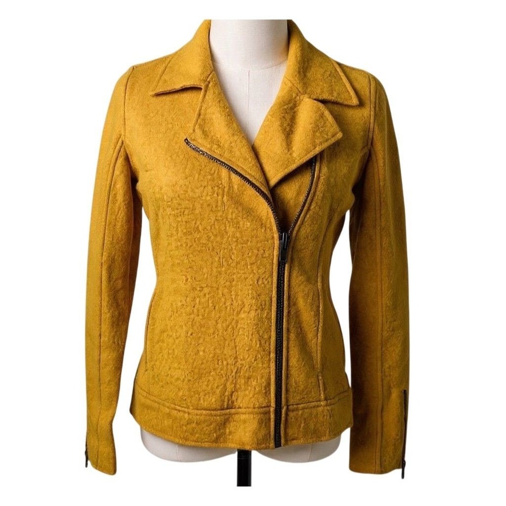 Tahari Women's XS Gold Yellow Wool Blend‎ Moto Jacket Zipper Cuffs